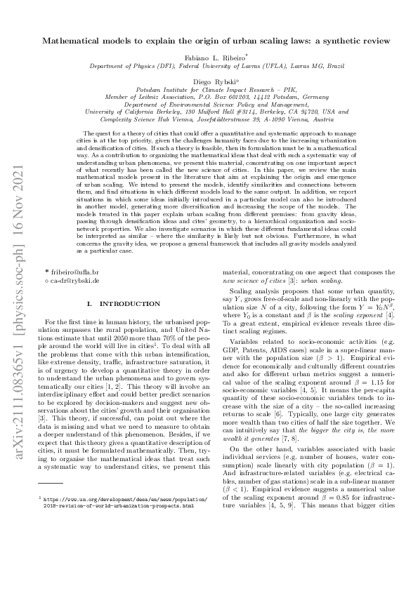 (PDF) Mathematical models to explain the origin of urban scaling laws ...