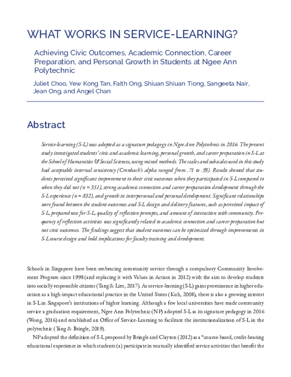 (PDF) What Works in Service-Learning? Achieving Civic Outcomes ...