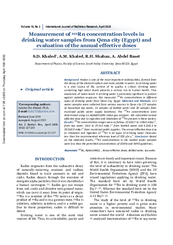 (PDF) Measurement of 222 Rn concentration levels in drinking water ...
