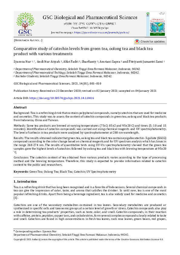 (PDF) Comparative study of catechin levels from green tea, oolong tea ...