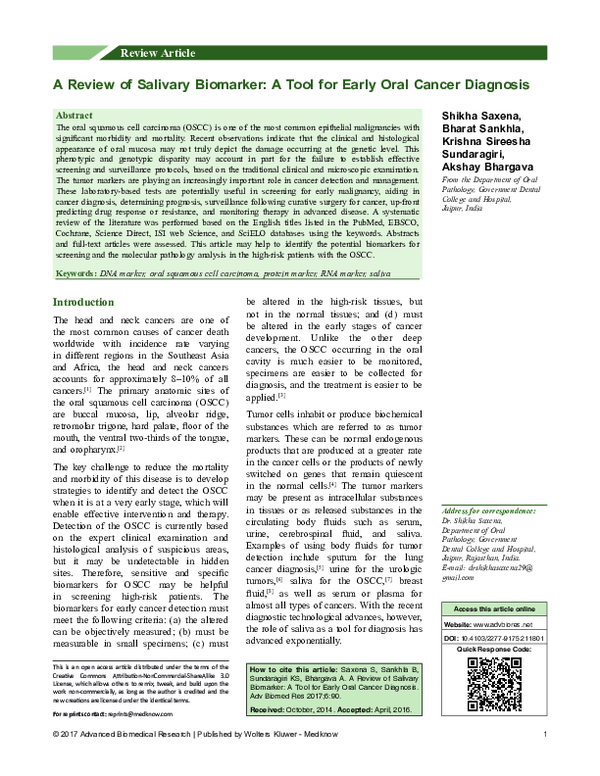 (PDF) A Review of Salivary Biomarker: A Tool for Early Oral Cancer ...