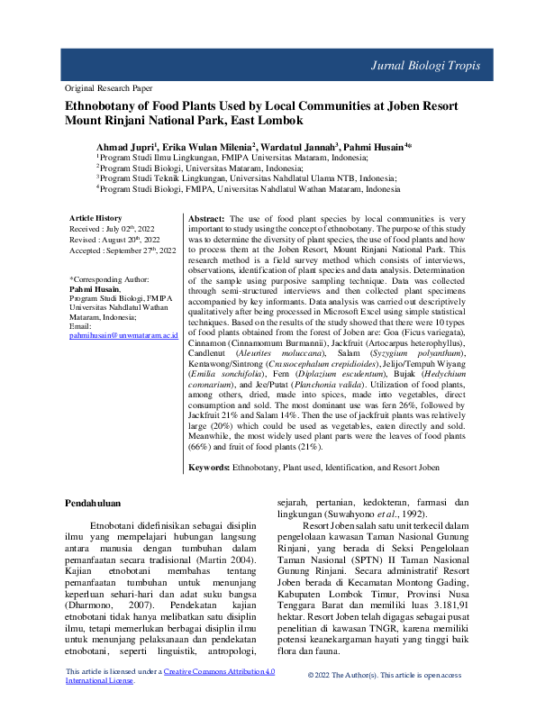(PDF) Ethnobotany of Food Plants Used by Local Communities at Joben ...