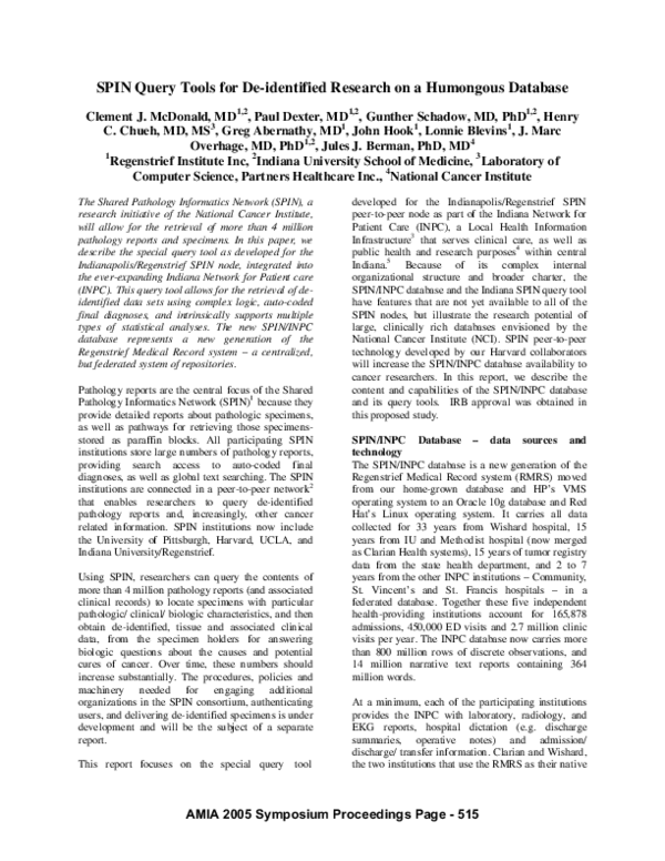 (PDF) SPIN query tools for de-identified research on a humongous database