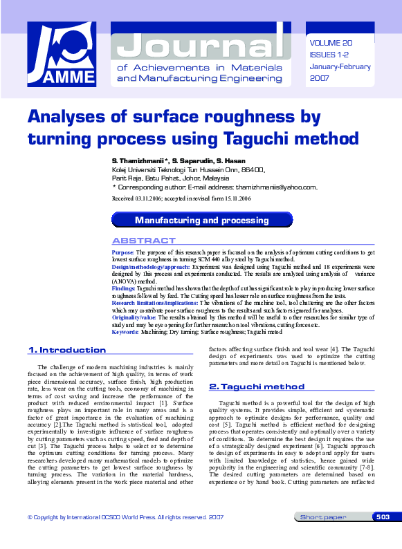 (PDF) Analyses of surface roughness by turning process using Taguchi method