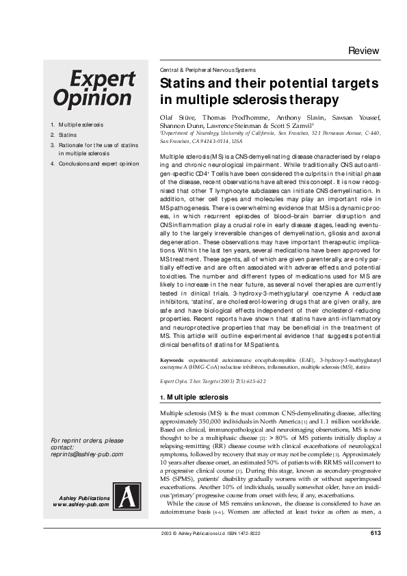 (PDF) Statins and their potential targets in multiple sclerosis therapy