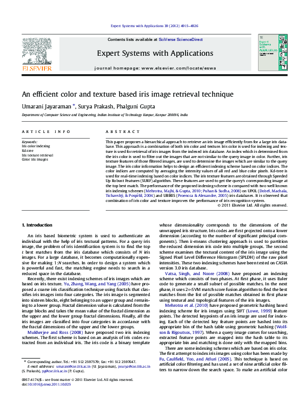 (PDF) An efficient color and texture based iris image retrieval technique