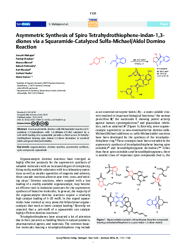 (PDF) Asymmetric Synthesis of Spiro Tetrahydrothiophene-indan-1,3 ...