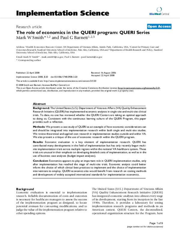 (PDF) The role of economics in the QUERI program: QUERI Series