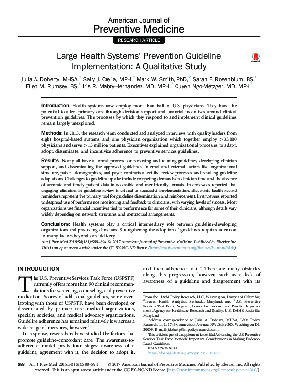 (PDF) Large Health Systems' Prevention Guideline Implementation: A ...