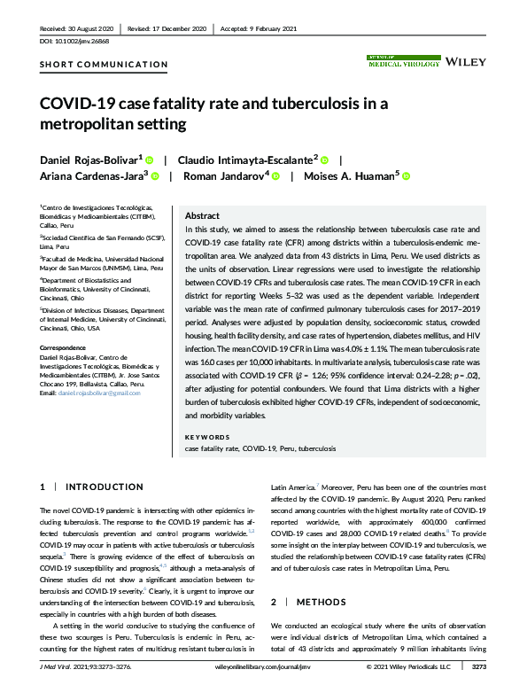 (PDF) COVID‐19 case fatality rate and tuberculosis in a metropolitan ...