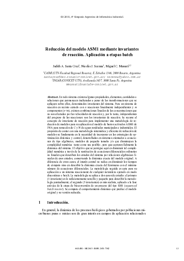 (PDF) Reducción del modelo ASM1 mediante invariantes de reacción