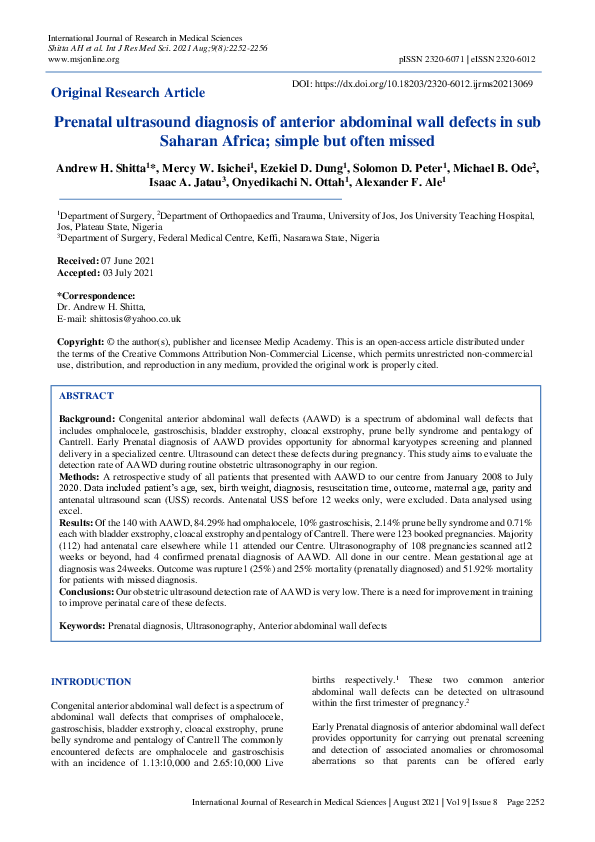 (PDF) Prenatal ultrasound diagnosis of anterior abdominal wall defects ...