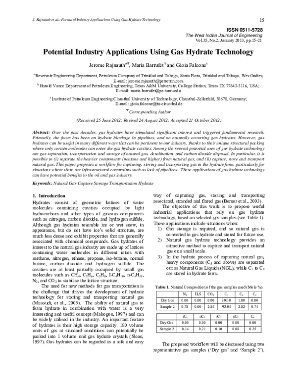 (PDF) Potential Industry Applications Using Gas Hydrate Technology