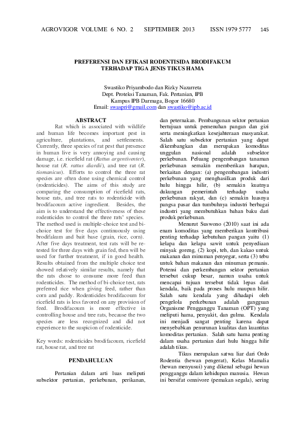 (PDF) Preferensi Dan Efikasi Rodentisida Brodifakum Terhadap Tiga Jenis ...