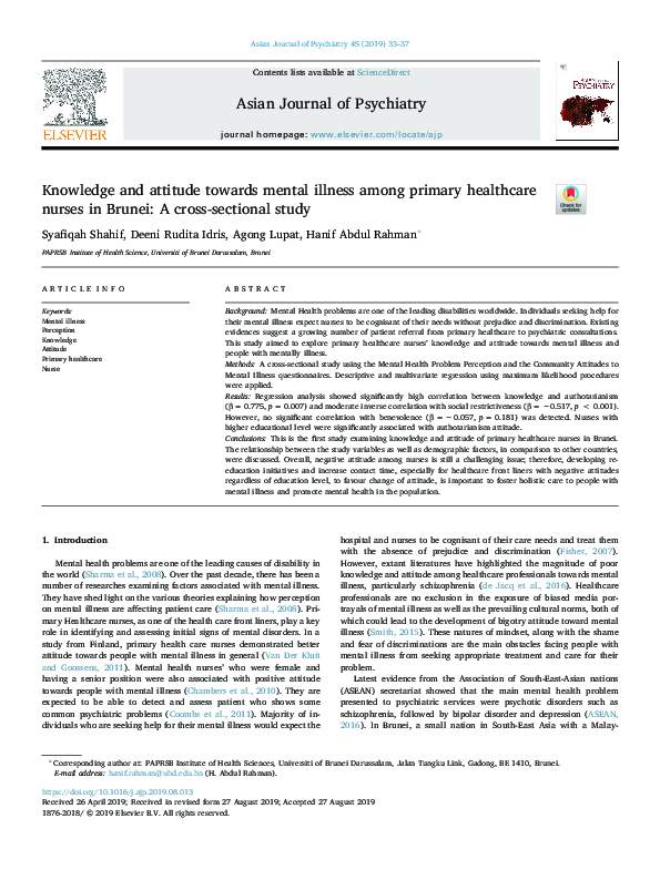 (PDF) Knowledge and attitude towards mental illness among primary ...