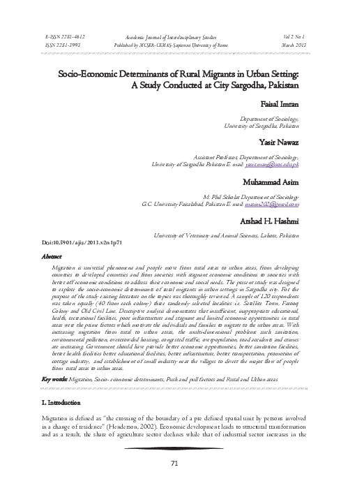 (PDF) Socio-Economic Determinants of Rural Migrants in Urban Setting: A ...
