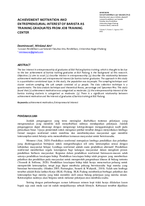 (PDF) Achievement Motivation and Entrepreneurial Interest of Barista as ...