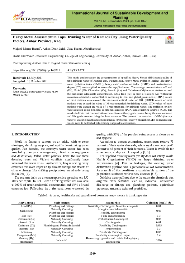 (PDF) Heavy Metal Assessment in Taps Drinking Water of Ramadi City ...