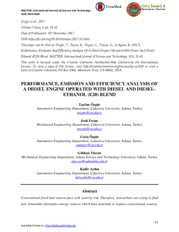 (PDF) Performance, Emission and Efficiency Analysis of a Diesel Engine ...