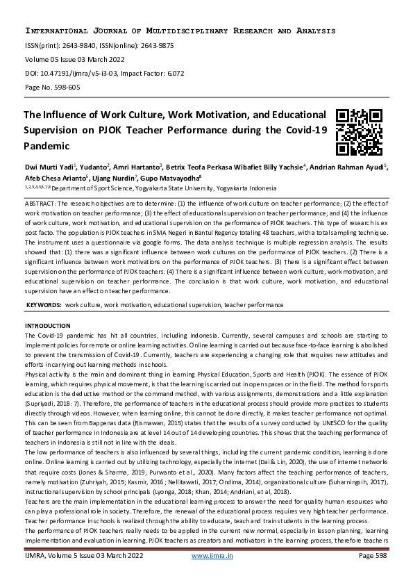 (PDF) The Influence of Work Culture, Work Motivation, and Educational ...