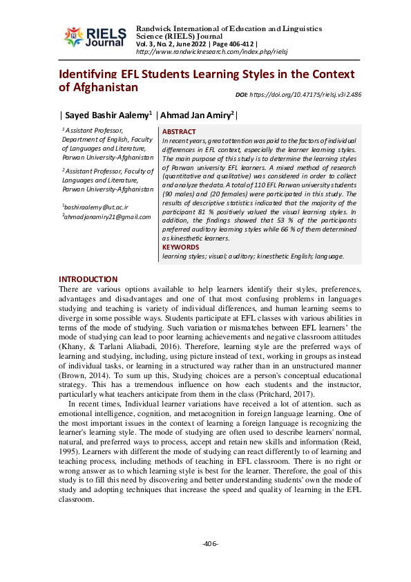 (PDF) Identifying EFL Students Learning Styles in the Context of ...