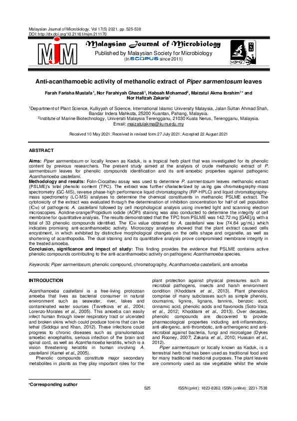 (PDF) Anti-acanthamoebic activity of methanolic extract of Piper ...