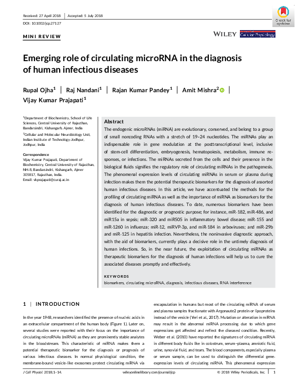 (PDF) Emerging role of circulating microRNA in the diagnosis of human ...
