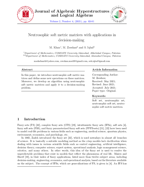 (PDF) Neutrosophic soft metric matrices with applications in decision ...