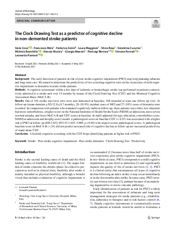 (PDF) The Clock Drawing Test as a predictor of cognitive decline in non