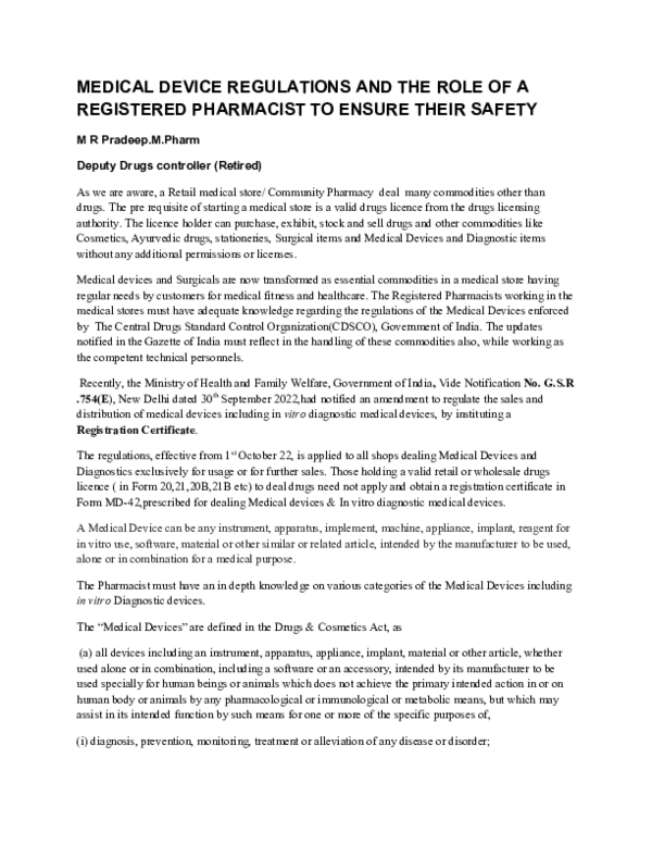 (DOC) MEDICAL DEVICES REGULATIONS AND THE ROLE OF A REGISTERED ...