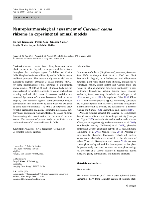(PDF) Neuropharmacological assessment of Curcuma caesia rhizome in ...