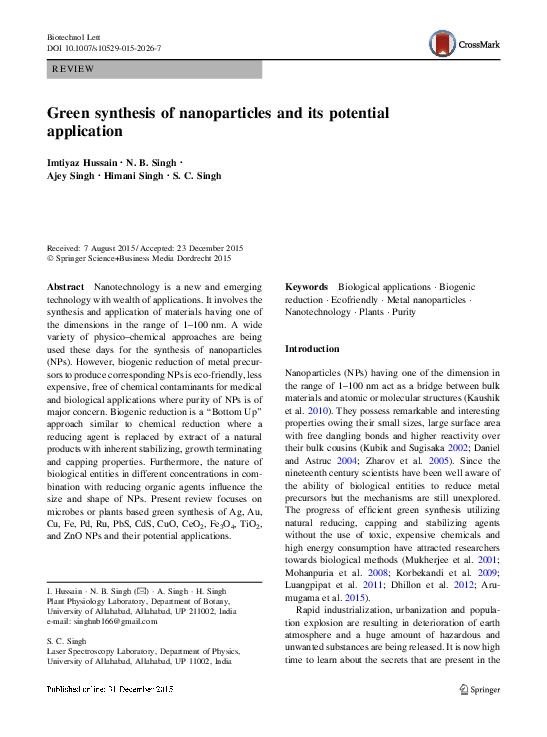 (PDF) Green synthesis of nanoparticles and its potential application