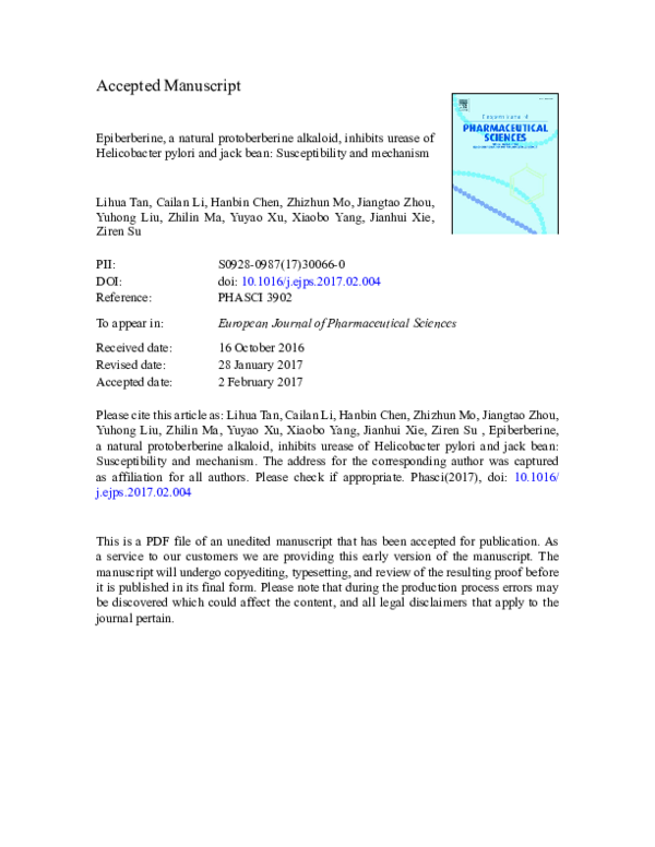 (PDF) Epiberberine, a natural protoberberine alkaloid, inhibits urease ...