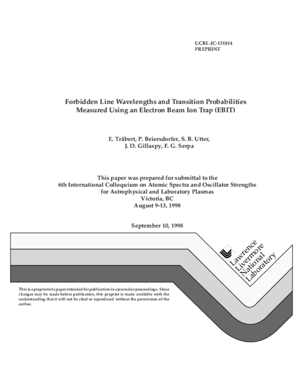 (PDF) Forbidden line wavelengths and transition probabilities measured ...