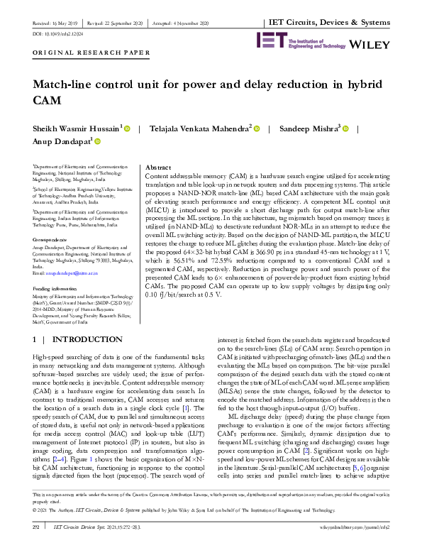(PDF) Match-line control unit for power and delay reduction in hybrid CAM