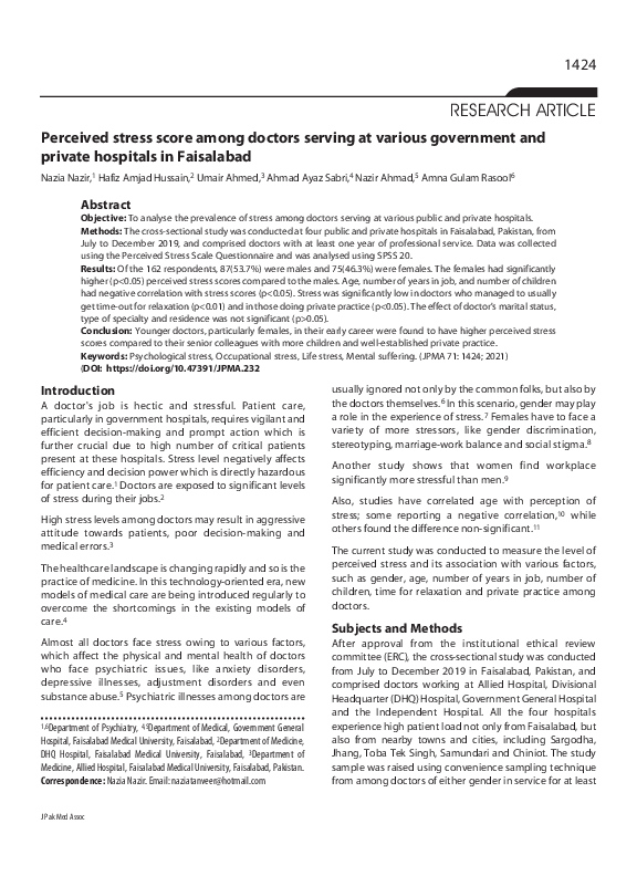 (PDF) Perceived stress score among doctors serving at various ...