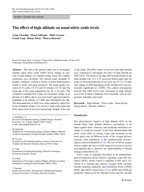 (PDF) The effect of high altitude on nasal nitric oxide levels aytug