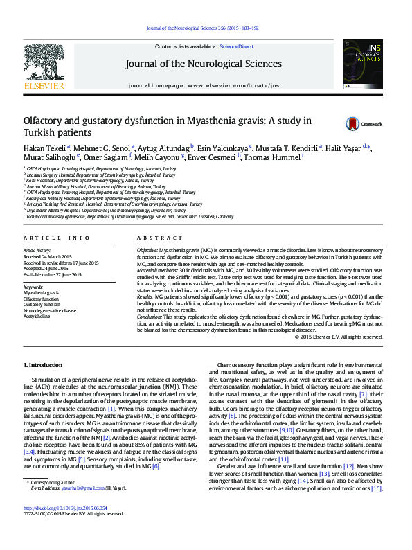 (PDF) Olfactory and gustatory dysfunction in Myasthenia gravis: A study ...