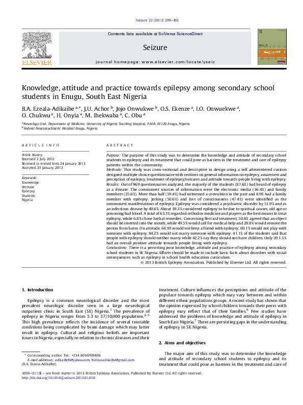 (PDF) Knowledge, attitude and practice towards epilepsy among secondary ...