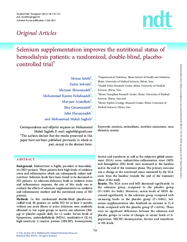 (PDF) Selenium supplementation improves the nutritional status of