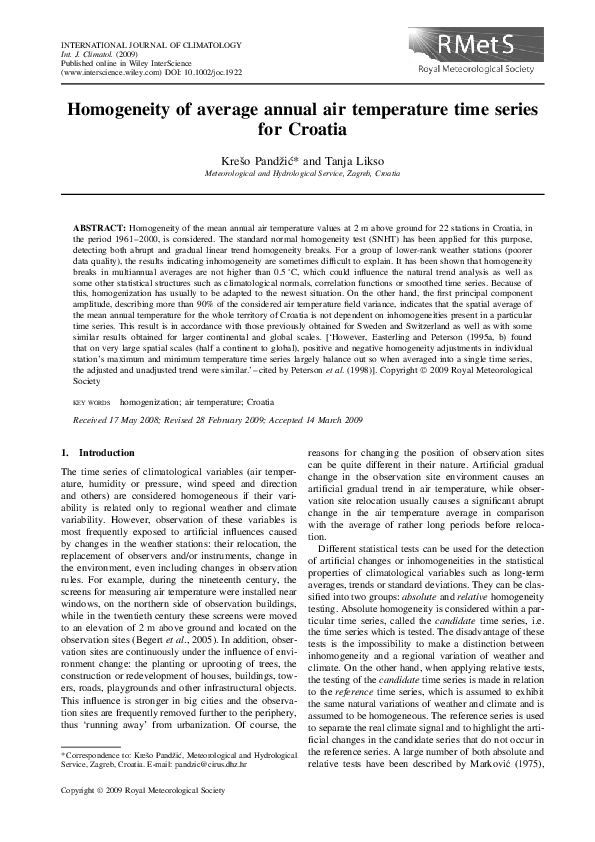 (PDF) Homogeneity of average annual air temperature time series for Croatia
