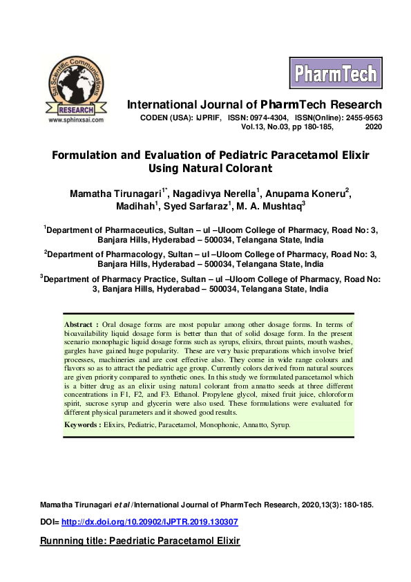 (PDF) Formulation and Evaluation of Pediatric Paracetamol Elixir Using