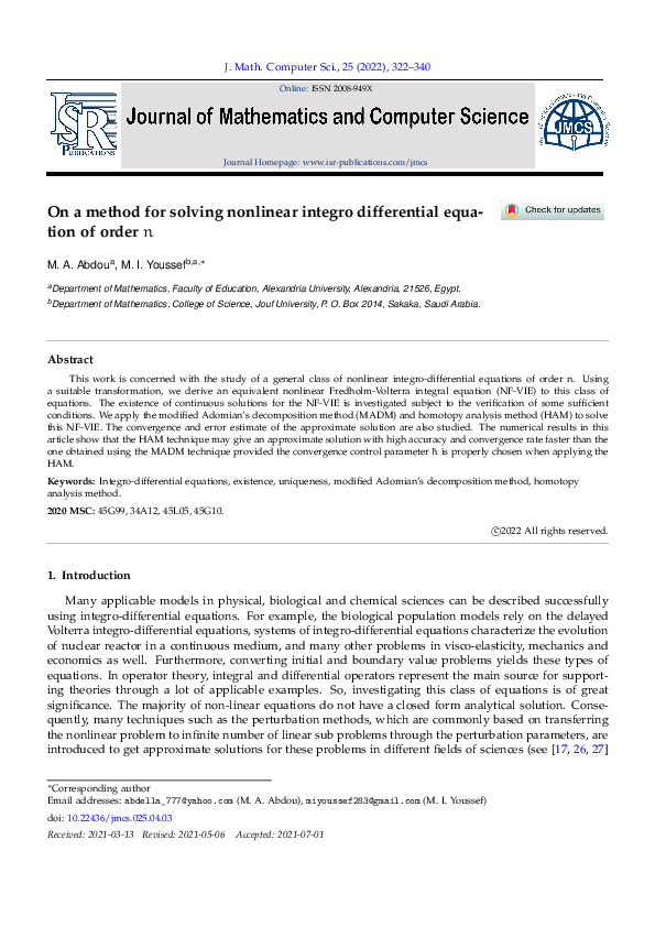 (PDF) On a method for solving nonlinear integro differential equation ...