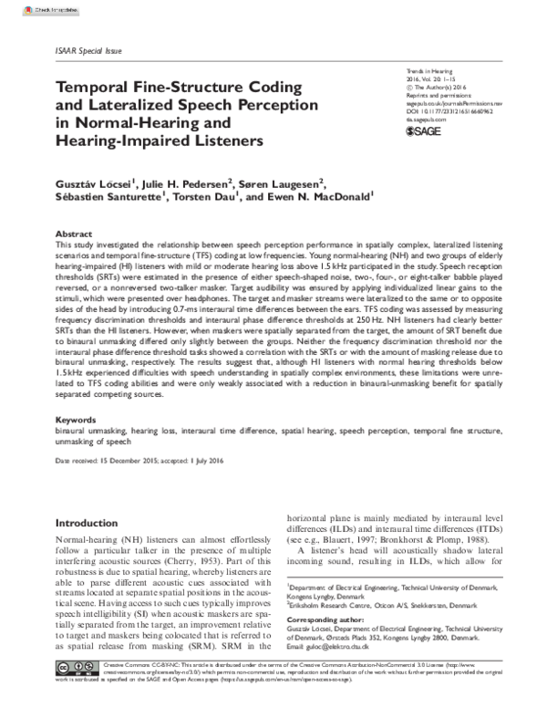 (PDF) Temporal Fine-Structure Coding and Lateralized Speech Perception ...