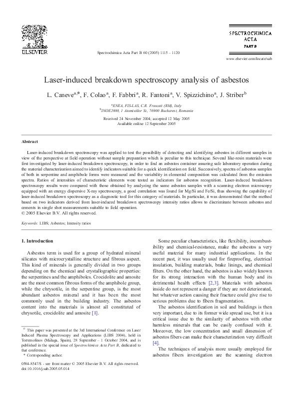 (PDF) Laserinduced breakdown spectroscopy analysis of asbestos