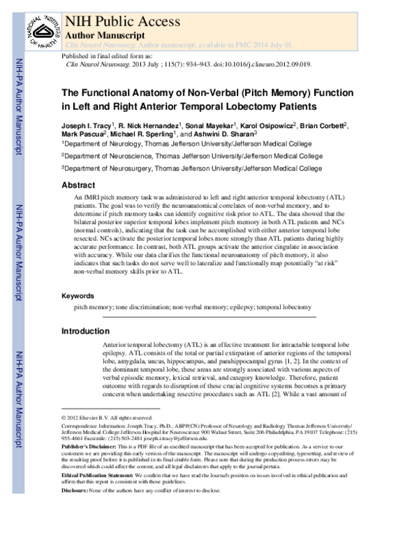 (PDF) The functional anatomy of non-verbal (pitch memory) function in ...