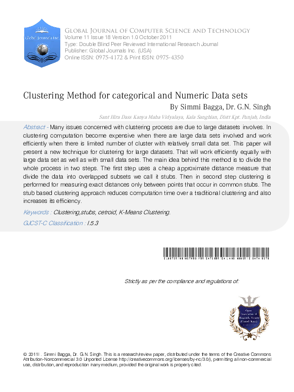 (PDF) Clustering Method for categorical and Numeric Data sets