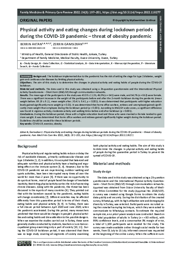 (PDF) Physical activity and eating changes during lockdown periods in ...