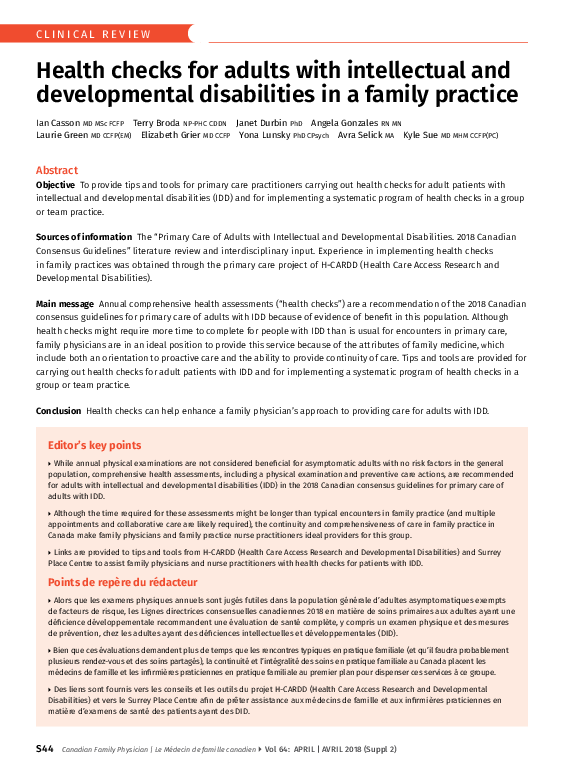 (PDF) Health checks for adults with intellectual and developmental ...