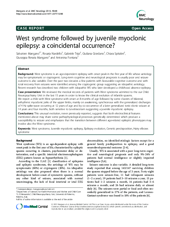 (PDF) West syndrome followed by juvenile myoclonic epilepsy: a ...